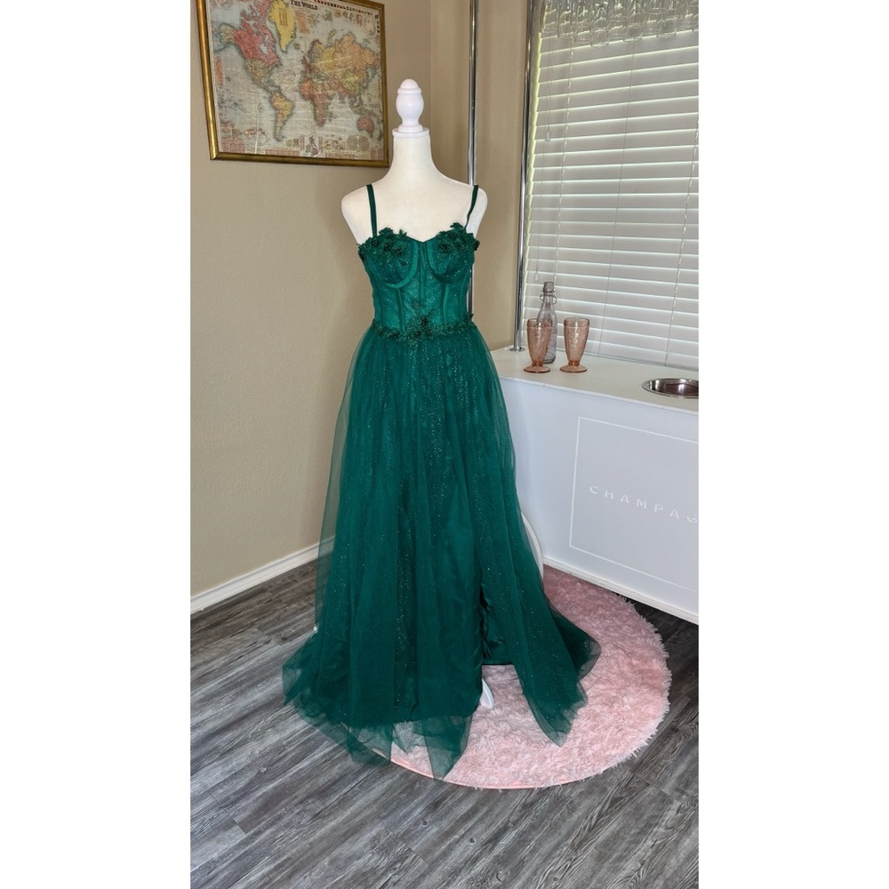 Women’s Emerald spaghetti strap Glitter tulle prom dress